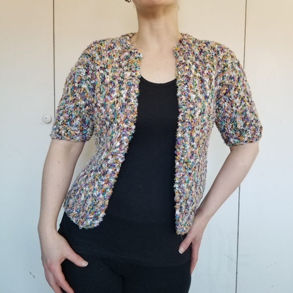 SOLD🌈Hand Made Rainbow Ribbon Knit Cardigan - Picture 1 of 6